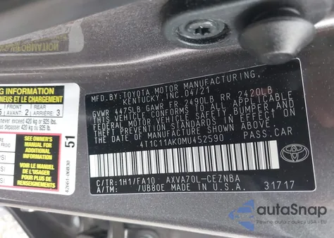 2021 Toyota Camry Le from USA, damaged, VIN 4T1C11AK0MU452590